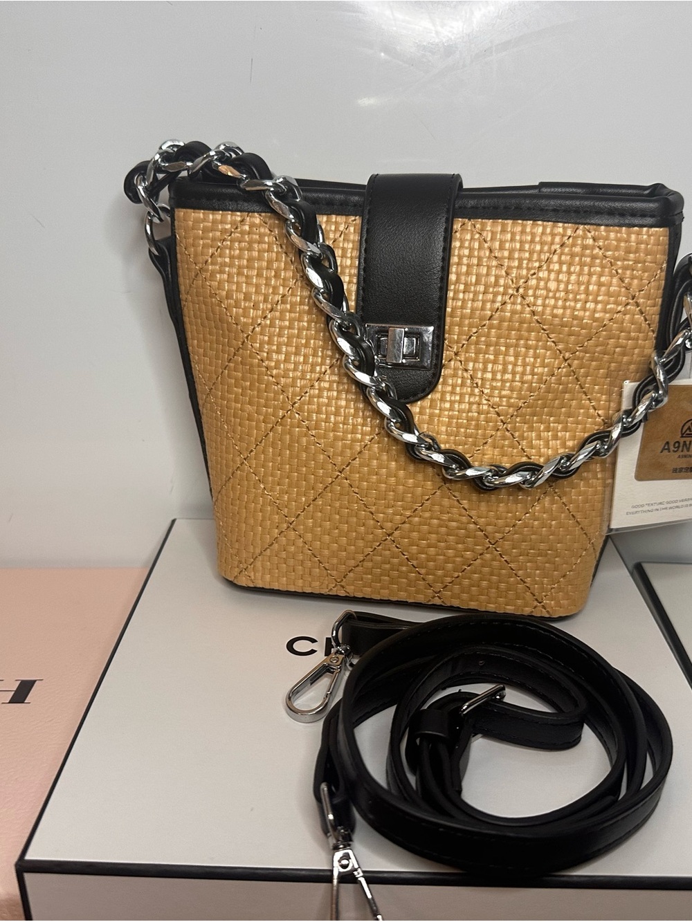 Black & Tan Quilted Straw Shoulder Bag with Chain Strap